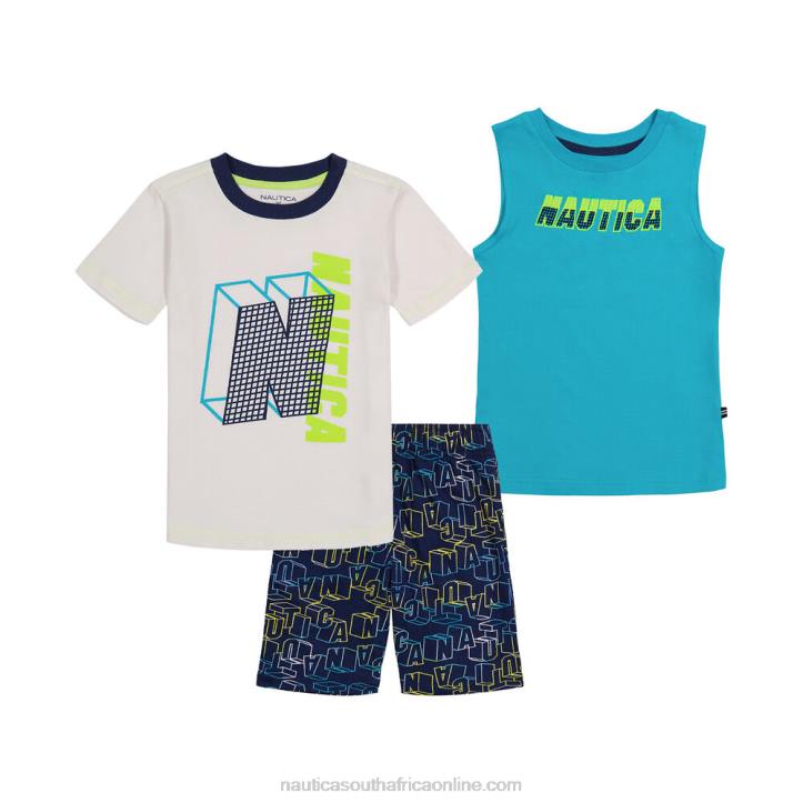 Antique White Wash Toddler Boys\' Tank And T-Shirt 3Pc Plaid Short Set Nautica 6LZP1239