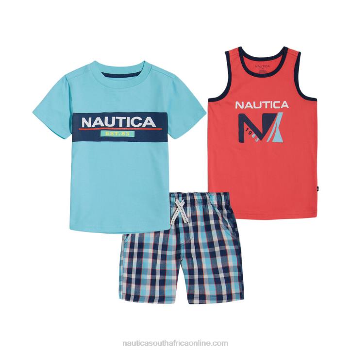 Raspberry Toddler Boys\' Tank And T-Shirt 3Pc Plaid Short Set Nautica 6LZP1278
