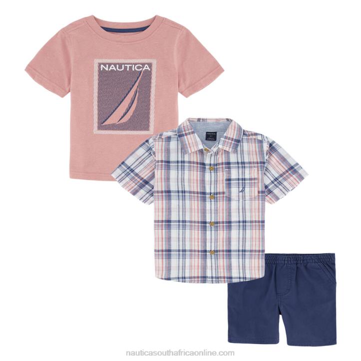 Riggin Red Toddler Boys' Plaid Shirt And T-Shirt 3Pc Short Set Nautica 6LZP1124