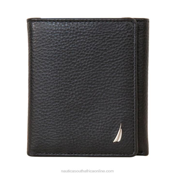 Black MenExtra Capacity Leather Trifold Passcase Wallet Nautica 6LZP268