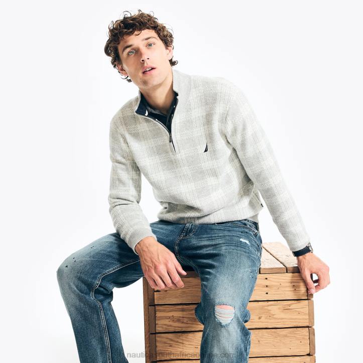 Grey Heather MenSustainably Crafted Quarter-Zip Plaid Sweater Nautica 6LZP169