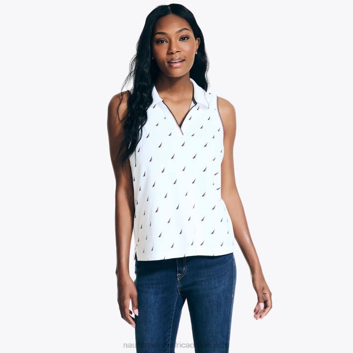 Bright White WomenJ-Class Printed Split-Neck Sleeveless Polo Nautica 6LZP890