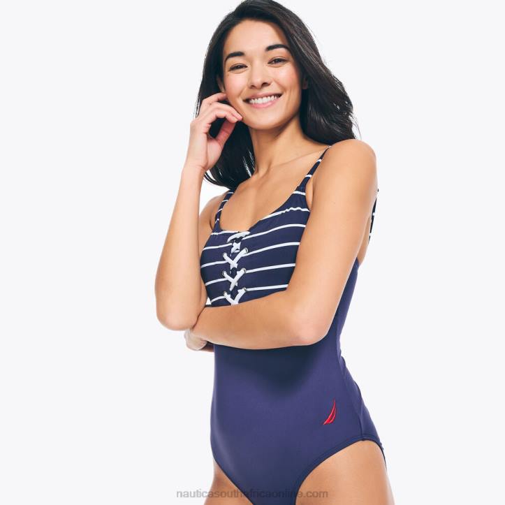 Stellar Blue Heather WomenStriped Lace-Up One-Piece Swim Nautica 6LZP880