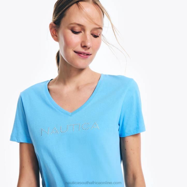 Azure Blue WomenStudded Logo V-Neck T-Shirt Nautica 6LZP744