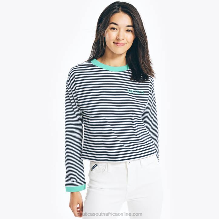 Bright White WomenCropped Striped Long-Sleeve T-Shirt Nautica 6LZP777