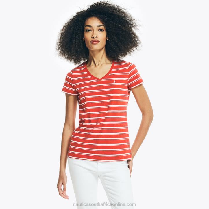 Buoy Red WomenStriped V-Neck T-Shirt Nautica 6LZP775