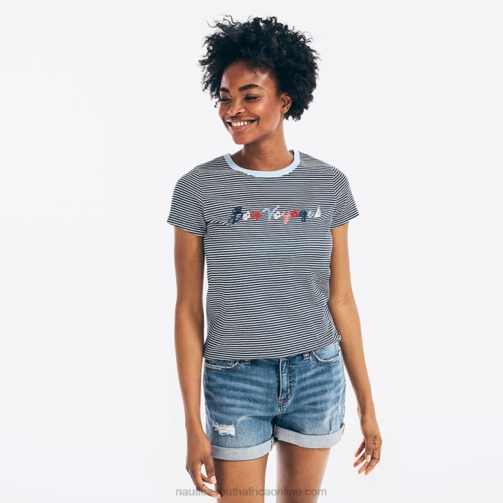 Stellar Blue Heather WomenStriped Bon Voyage Graphic T-Shirt Nautica 6LZP1020