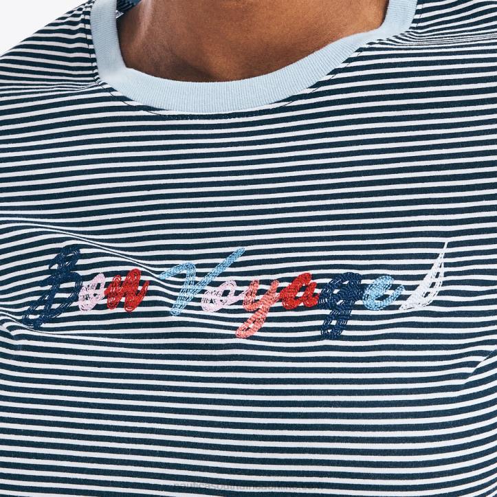 Stellar Blue Heather WomenStriped Bon Voyage Graphic T-Shirt Nautica 6LZP1020
